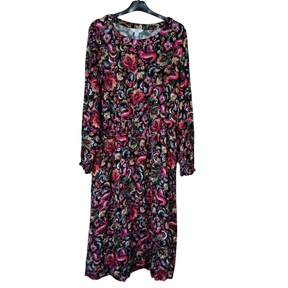 Croft & Barrow Womens XL Paisley Floral Midi Dress Long Sleeve Black Pink New